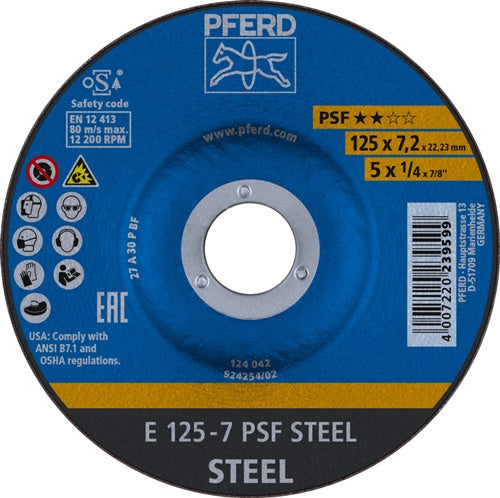 Schruppscheibe PSF STEEL D125xS72mm gekröpft Stahl Bohrung 2223 mm PFERD - VPE: 10
