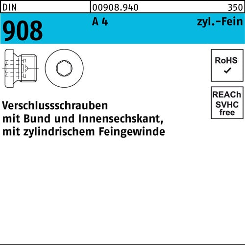 Verschlußschraube DIN 908 mBund/Innen-6-kant M 18 x 15 A 4 100 Stück