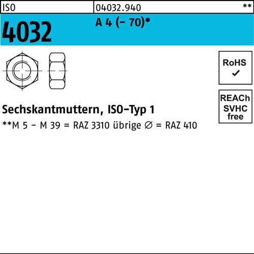 Sechskantmutter ISO 4032 M6 A 4 (- 70) 1000 Stück - VPE: 1000