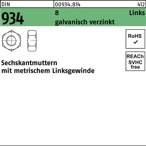 Sechskantmutter DIN 934 links M 16 -LH 8 galvanisch verzinkt 50 Stück
