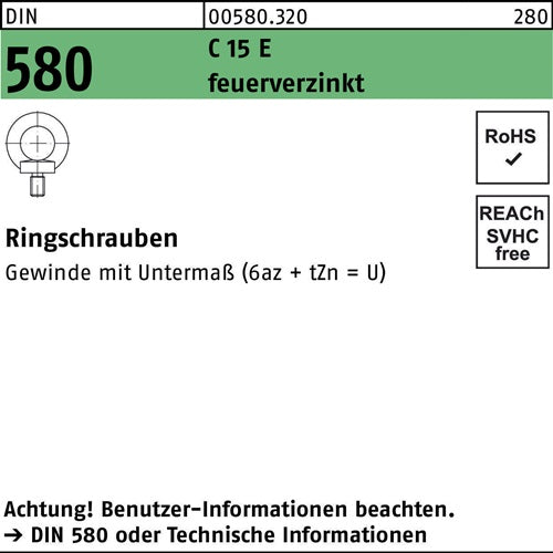 Ringschraube DIN 580 M 20 C 15 E feuerverzinkt feuerverzinkt 1 Stück