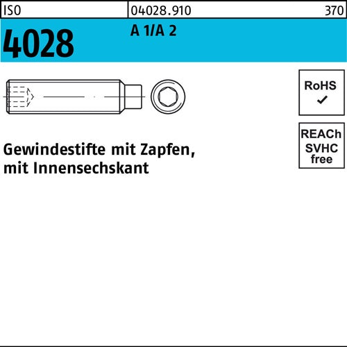 Gewindestift ISO 4028 Zapfen/Innen-6kt M8x 45 A 1/A 2 100 Stück - VPE: 100