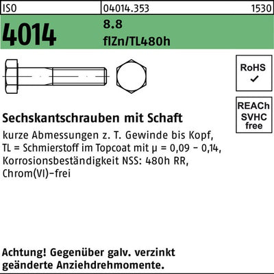Sechskantschraube ISO 4014 mSchaft M 8 x 75 88 zinkbesch Gleitmittel flZnnc 480h-L 200 Stück