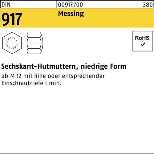 Sechskanthutmutter DIN 917 niedrige FormM12 SW 19 Messing 50 Stück - VPE: 50