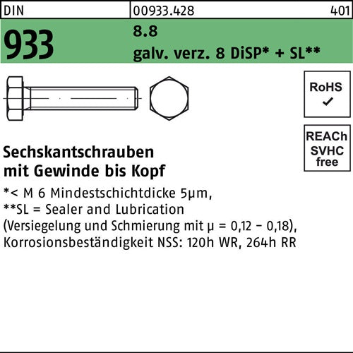 Sechskantschraube DIN 933 VG M6x 40 88 gal Zn 8 DiSP + SL 200 Stück - VPE: 200