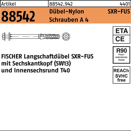 Rahmendübel R 88542 SXR 10x180 FUS Schrauben A 4/Dübel-Nylon 50 Stück FISCHER - VPE: 50