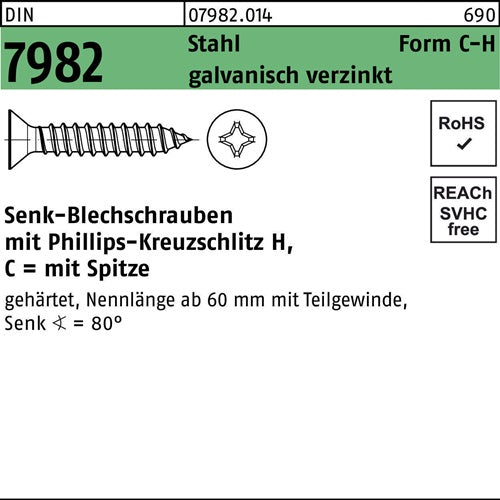 Senkblechschraube DIN 7982 PH/Spitze C 39x16-H Stahl galvverz 1000St - VPE: 1000