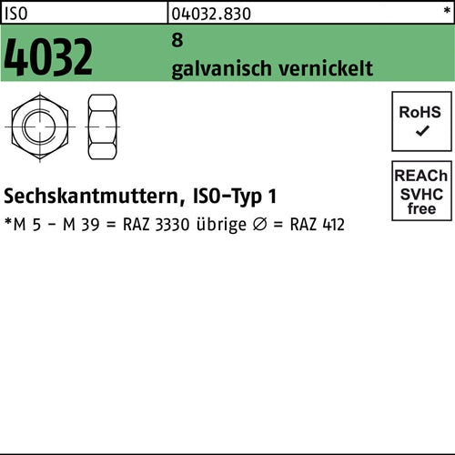 Sechskantmutter ISO 4032 M3 8 galv vernickelt 1000 Stück - VPE: 1000