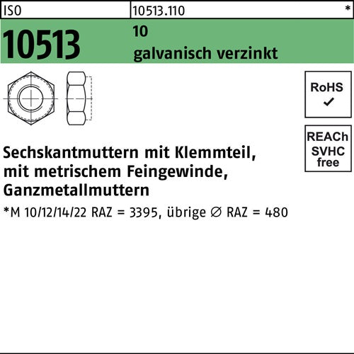 Sechskantmutter ISO 10513 mKlemmteil M18x15 10 galvverz 50St - VPE: 50