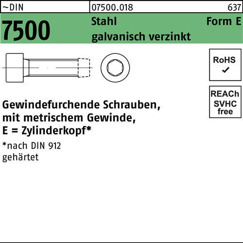 Gewindefurchendeschraube DIN 7500 ZYLKO Innen-6kt E M4x8 Sta galvverz 2000St - VPE: 2000