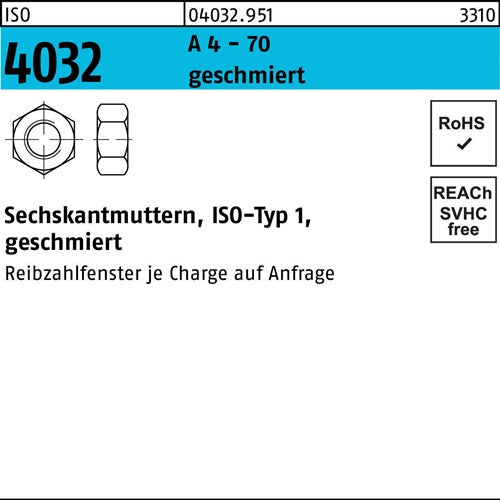 Sechskantmutter ISO 4032 M10 A 4 - 70 geschmiert 250 Stück - VPE: 250