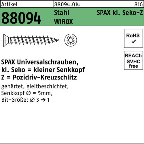 Schraube R 88094 SEKO kl Spitze/PZ 3x12/10-Z Stahl galvverz WIROX 1000St SPAX - VPE: 1000