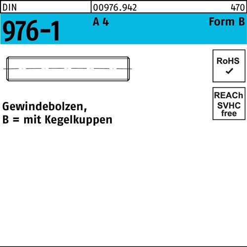 Gewindebolzen DIN 976 Kegelkuppen BM 12x 200 A 4 25 Stück - VPE: 25