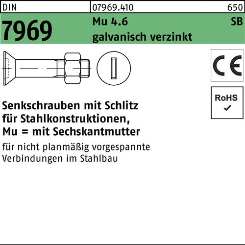 Senkschraube DIN 7969 Schlitz/Mutter M24x 100 46 galvverz 10St - VPE: 10