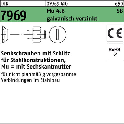 Senkschraube DIN 7969 Schlitz/Mutter M24x 60 46 galvverz 25Stück - VPE: 25