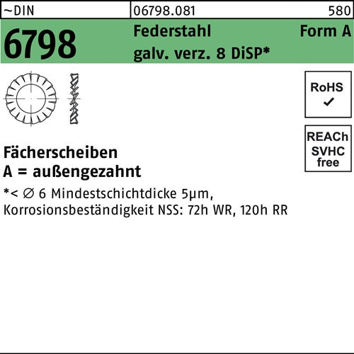 Fächerscheibe DIN 6798 FormA außengezahnt A 64 Federstahl verz 8 DiSP 2000St - VPE: 2000