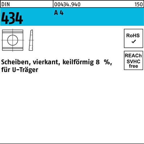 U-Scheibe DIN 434 vierkant keilförmig 26 A 4 Neigung 8% 10 Stück