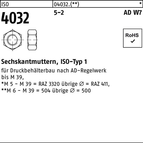 Sechskantmutter ISO 4032 M 45 5-2 AD W7/TRD 106 5 Stück