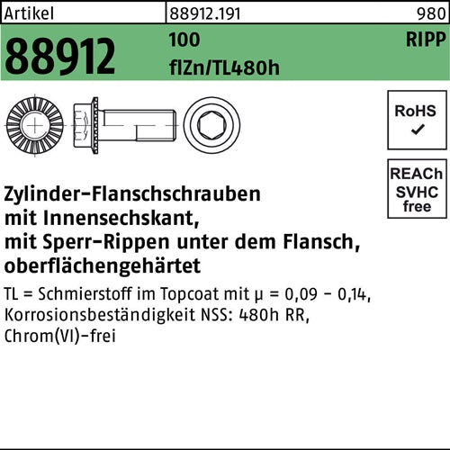 Zylinderflanschschraube R 88912 Sperr-Ripp In-6kt M10x20 100 flZnnc480h-L 200St - VPE: 200