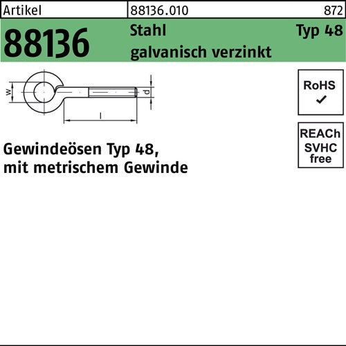 Gewindeöse R 88136 Typ 48 M8x 30 D 12 Stahl galvverz 50 Stück - VPE: 50