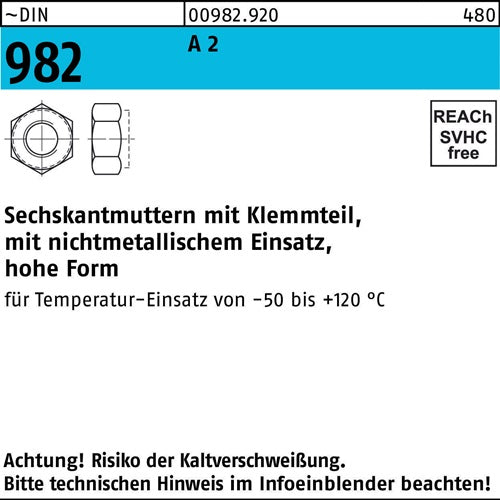 Sechskantmutter DIN 982 mKlemmteil M 20 A 2 25 Stück
