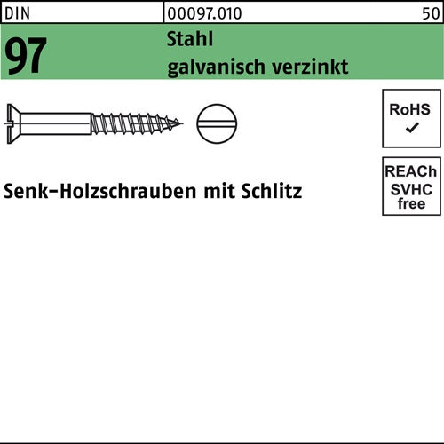 Holzschraube DIN 97 Senkkopf Schlitz 2 x 10 Stahl galvanisch verzinkt 500 Stück