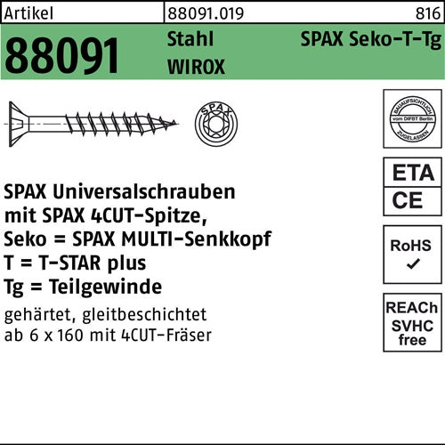 Schraube R 88091 SEKO/T-STAR TG 5x 90/60-T20 Stahl WIROX 100 Stück SPAX - VPE: 100