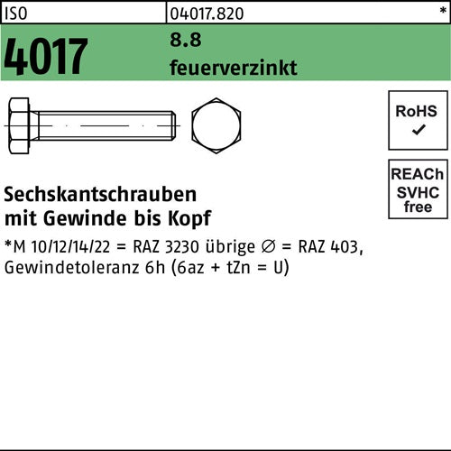 Sechskantschraube ISO 4017 VG M8x 60 88 feuerverz 200 Stück - VPE: 200