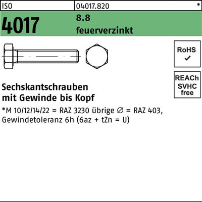 Sechskantschraube ISO 4017 VG M12x 70 88 feuerverz 50 Stück - VPE: 50