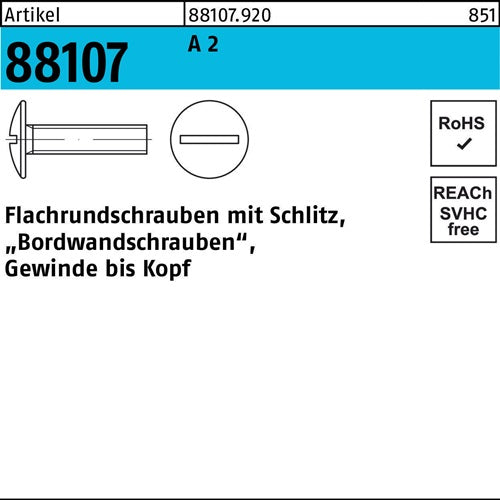Flachrundschraube R 88107 Schlitz VG M6x 12 A 2 500 Stück - VPE: 500