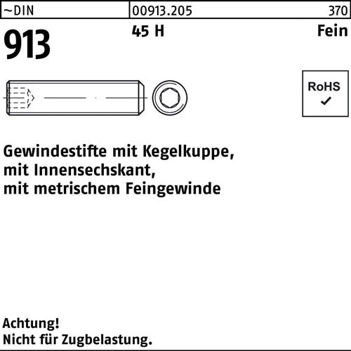Gewindestift DIN 913 Kegelkuppe/Innen-6kt M12x15x20 45 H Feingew 100St - VPE: 100