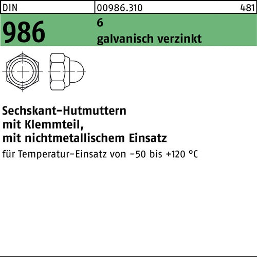 Sechskanthutmutter DIN 986 mKlemmteil M 12 SW 19 6 galvanisch verzinkt 250 Stück