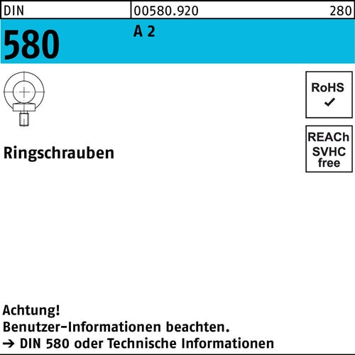 Ringschraube DIN 580 M 16 A 2 Ohne Oberflächenangabe 1 Stück