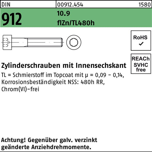 Zylinderschraube DIN 912 mInnensechskant M 8 x 60 109 zinkbesch Gleitmittel flZnnc 480h-L 200 Stück
