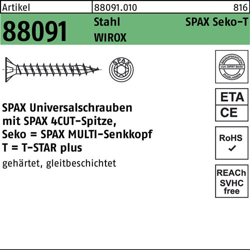 Schraube R 88091 SEKO/T-STAR 4x 35/30-T20 Stahl WIROX 1000 Stück SPAX - VPE: 1000
