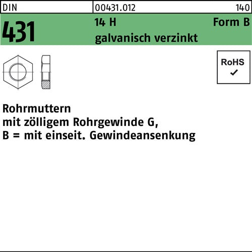 Rohrmutter DIN 431 BG 1 1/2 14 H galvanisch verzinkt 1 Stück