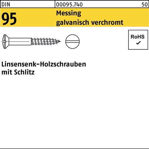 Holzschraube DIN 95 Linsensenkkopf Schlitz 6 x 90 Messing galvanisch verchromt 100 Stück