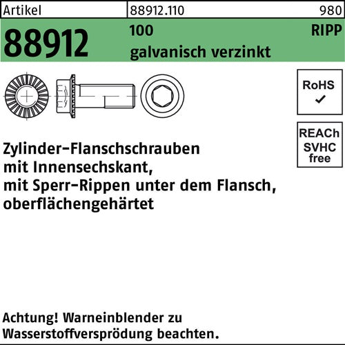 Zylinderflanschschraube R 88912 Sperr-Ripp Innen-6kt M8x20 100 galvverz 200St - VPE: 200