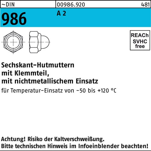 Sechskanthutmutter DIN 986 mKlemmteil M 16 A 2 25 Stück