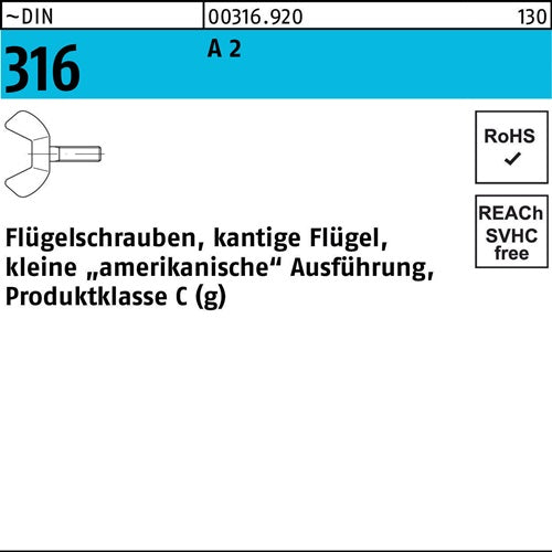 Flügelschraube DIN 316 M 6 x 30 A 2 kleine Ausführung 25 Stück