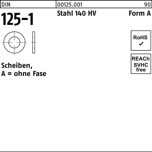 Unterlegscheibe DIN 125-1 Form A 37 x 8 x05 Stahl 140 HV 5000 Stück