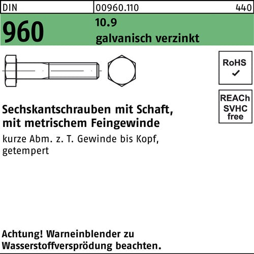 Sechskantschraube DIN 960 mSchaft M 14 x15 x 70 109 galvanisch verzinkt 50 Stück