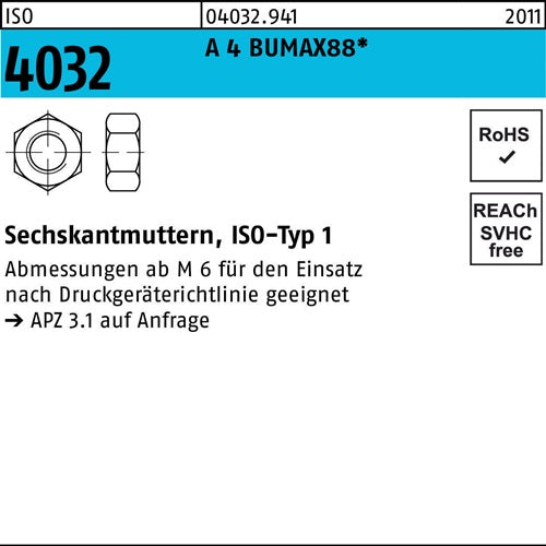 Sechskantmutter ISO 4032 M8 A 4 BUMAX88 100 Stück BUFAB - VPE: 100