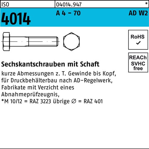 Sechskantschraube ISO 4014 mSchaft M 10 x 75 A 4 - 70 AD-W2 50 Stück