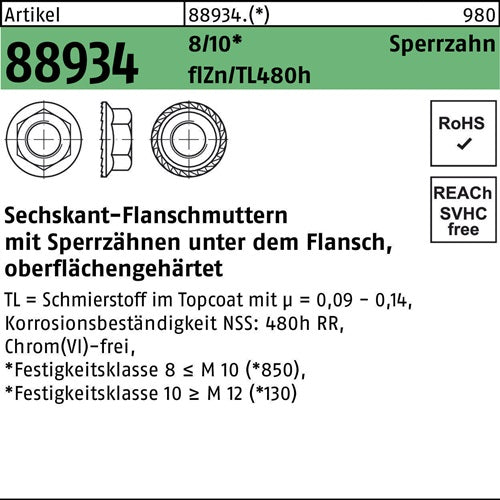 Sechskantflanschmutter R 88934 Sperrzahn M5 8 flZnnc 480h-L 500St - VPE: 500