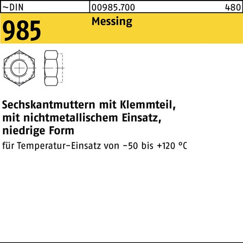 Sechskantmutter DIN 985 mKlemmteil M 5 Messing 100 Stück