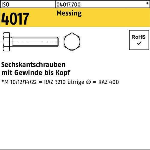 Sechskantschraube ISO 4017 VG M12x 40 Messing 50 Stück - VPE: 50