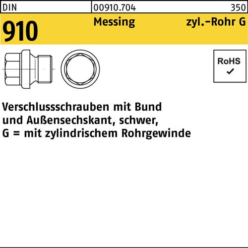 Verschlußschraube DIN 910 mBund/Außen-6-kant G 1 A Messing 10 Stück