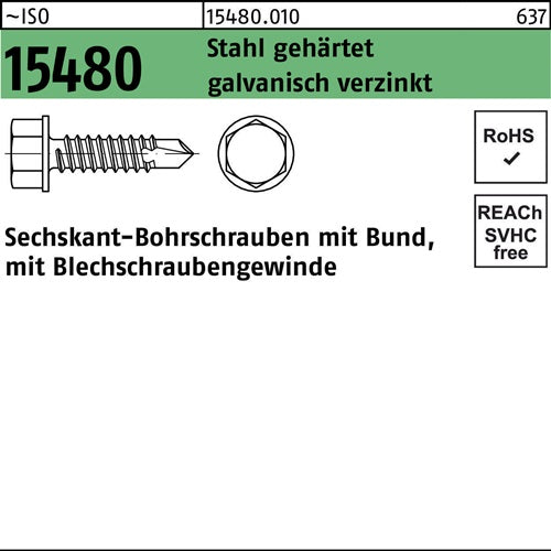 Sechskantbohrschraube ISO 15480 Bund ST 48x70 Stahl gehärtet galvverz 250St - VPE: 250