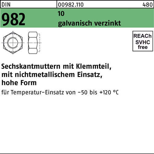 Sechskantmutter DIN 982 mKlemmteil M 16 10 galvanisch verzinkt 50 Stück